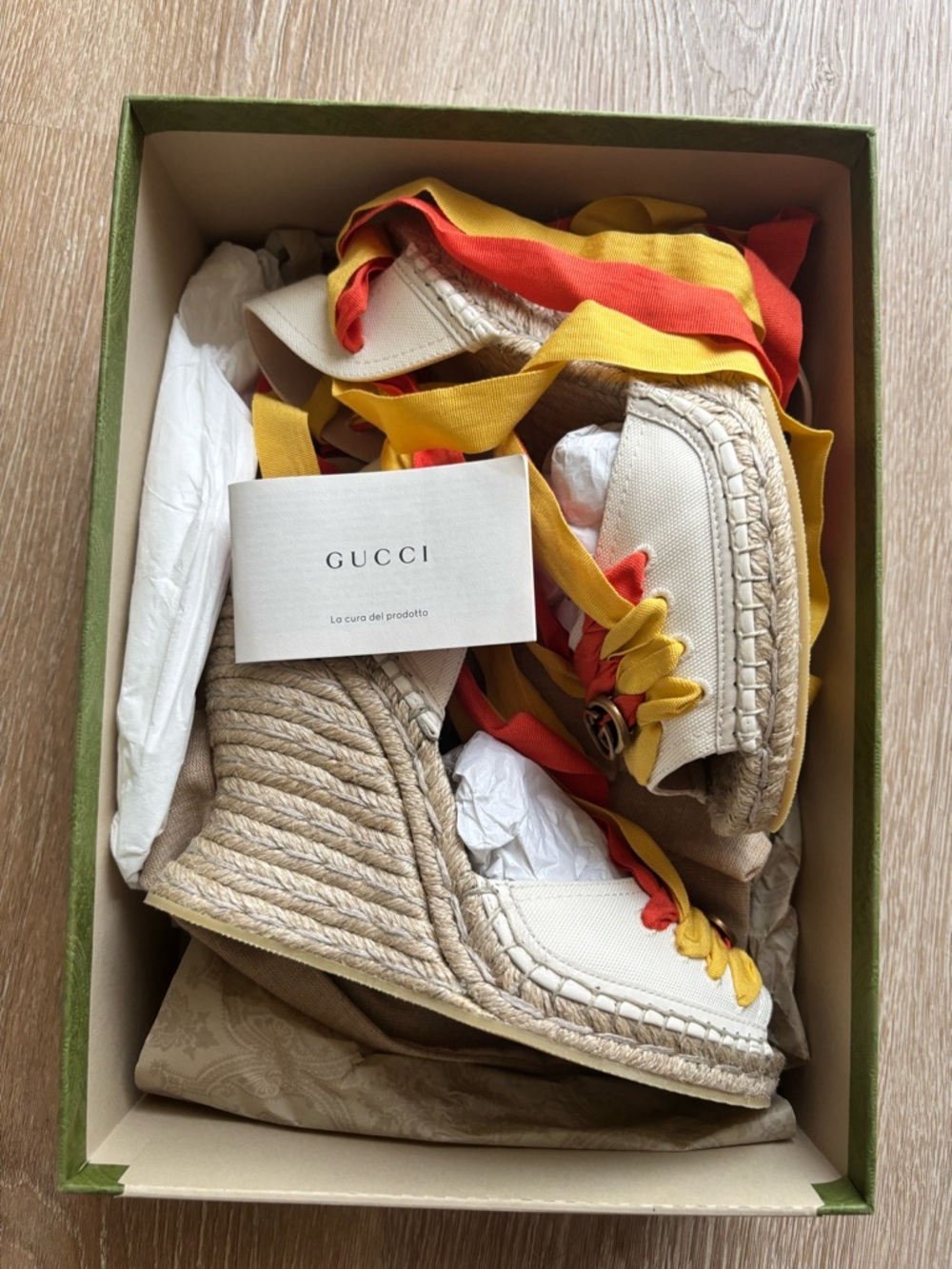 Gucci Yellow and Orange Ribbon Espadrille Wedges with GG Hardware - Picture 14 of 14